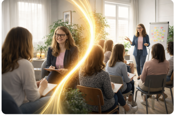 KI generiertes Bild, welches auf der linken Seite eine 1:1 Coaching Sitzung zwischen zwei Frauen zeigt und auf der rechten Seite eine Schulung in einer Gruppe.