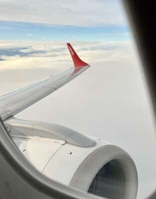 Blick aus einem Flugzeug über die Tragfläche