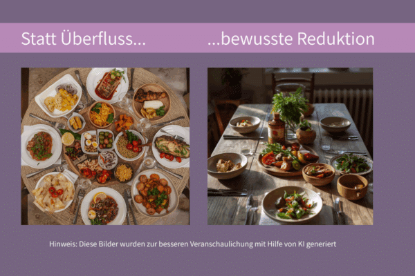 Ein übervoller Tisch und ein Tisch mit wenig Speisen soll symbolisieren, wie Pratyahara auch aussehen kann