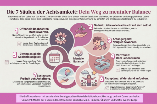 Grafik, die die 7 Säulen der Achtsamkeit nach Jon Kabat-Zinn illustriert inklusive Impulsen und Übungen