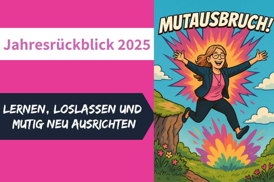 Grafik einer Frau die im Rahmen ihres Jahresrückblicks mit dem Ausruf "Mutausbruch" über eine Schlucht springt .