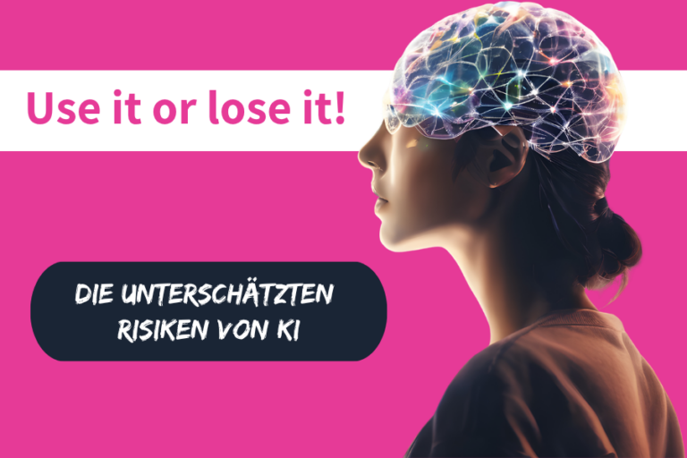 Illustration einer Frau, deren Gehirn mit einem KI Denkprozess beschäftigt ist