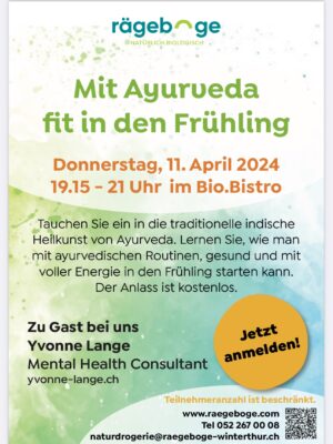 Eine bunte Werbeanzeige für einen Ayurveda Vortrag in einem Bioladen