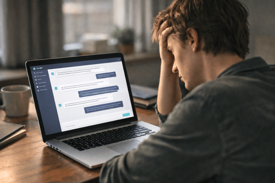 Erschöpfter Mann schaut einen Bildschirm, in dem ein KI-Chat zu sehen ist.