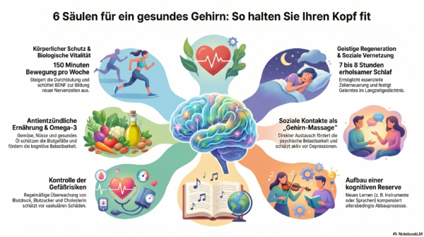 Grafik mit den 6 Säulen für ein gesundes Gehirn